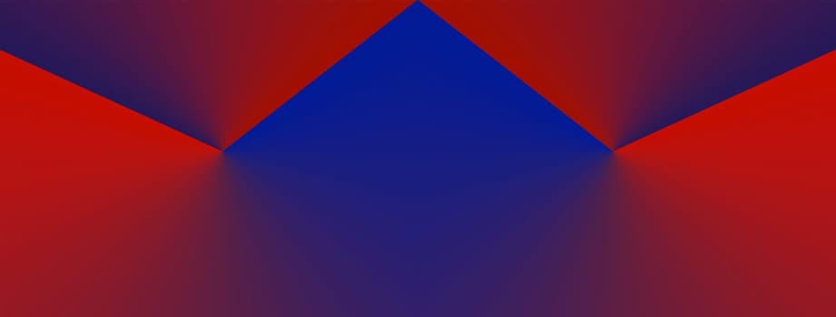 Abstract image with red and blue gradient background. The image is divided into three sections by two red triangles on the left and right