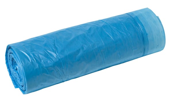 Blue plastic trash bags with strings on white background, close up