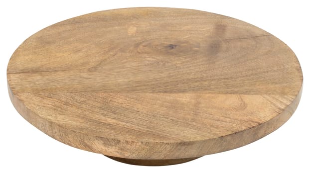 Empty round oak kitchen cutting board. Inclined pizza and food board