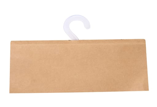 Paper label with a plastic hook for the sale of products on a white isolated background