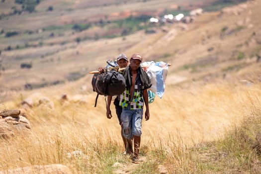 Andringitra Mountains, Madagascar - November 15th 2022: A Malagasy porter carries belongings for tourists hanged on a primitive stick on his back. This is hard work and dedication of these porters.