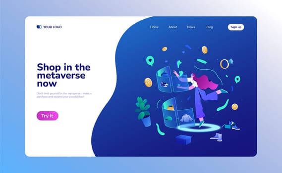 Augmented reality technologies landing page. Woman customer in vr headset with glasses choose garment on hologram screen. Shopping in metaverse banner template. Commerce and retail in virtual reality.