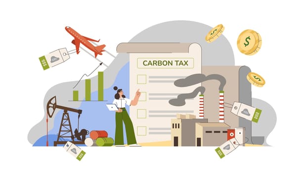 Carbon tax concept. Businesses and factory pay for greenhouse gas emissions and burning of carbon fuels. Taxation for nature pollution, reduce co2. Payment in goverment budget for smoke and durty air.
