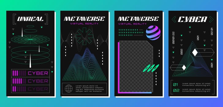 Retro futuristic posters with abstract 3d geometry wireframe grid. Technology graphic elements in vaporwave style. Geometric shapes, tunnel triangle in perspective view. Vector cyberpunk design.