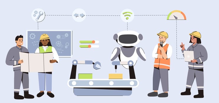 AI engineering industry. Flat team of engineers use artificial intelligence in product manufacturing automation. Process with ai robotic technology. Futuristic tech in smart factory.