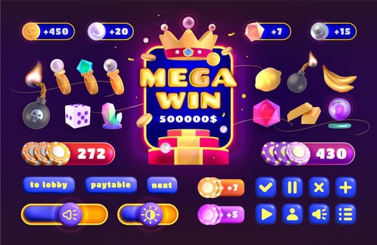 Casino icon for gambling ui game interface cartoon element set. Buttons and icons for slots game collection. Design interface elements, progress bars and lucky symbols for mobile gamble app vector.