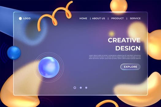 Glass morphism credit card and floating liquid shapes. template. Landing page of realistic 3d fluid geometric shapes under transparent frosted plastic plate. Rectangle bank card in glassmorphism style