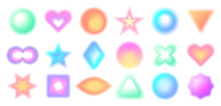 Y2k aesthetic blurred gradient shapes. Blurry aura aesthetic elements collection of different geometric forms isolated on white background. Design element with defocus effect vector illustration set.