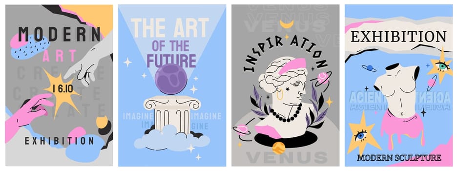 Art exhibition posters with antique sculpture, greek statues and column. Cover design with surreal elements, greece heads, plaster bust. Invitation banner set with modern objects of gallery, museum