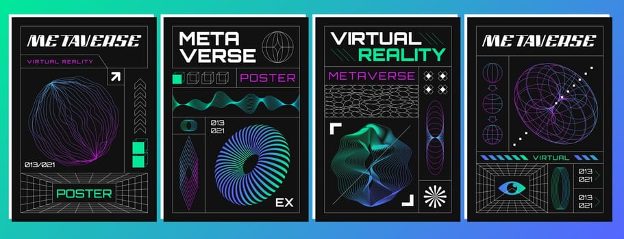 Retrofuturistic posters set with abstract 3d wireframes geometry objects from line grid. Geometric shapes silhouette in vaporwave style. Design figures in perspective view. Vector outline illustration
