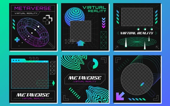 Retrofuturistic posts with abstract 3d wireframes geometry objects from line grid. Geometric shapes silhouette in vaporwave style. Design figures in perspective view. Vector outline illustration set