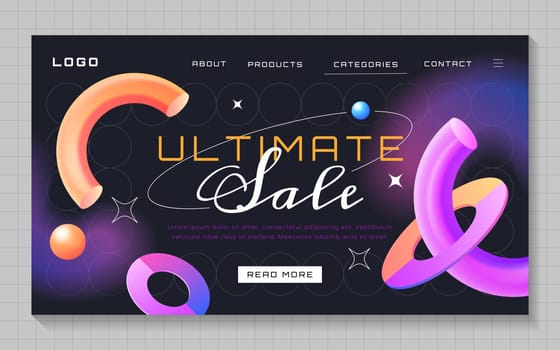 Modern gradient sale banner with color glowing geometric shapes. Trendy landing page template with flying 3d objects different forms. Flyer or poster with design elements and defocus effect backdrop