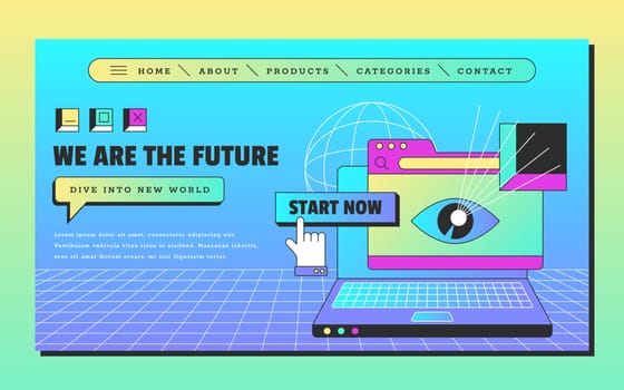 Retro vaporwave landing page. Social media design template with laptop, browser tab and open webpage. Computer window with graphic stickers in 90s vintage style flat vector illustration