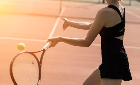 Tennis balls and rocket on court field in sunny day, sport, hobby