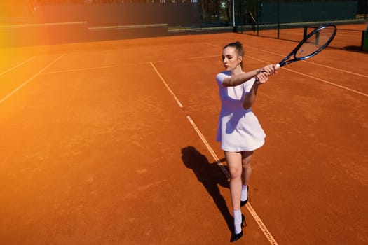 Sexy girl tennis player in white dress and heels holding tennis racket on the court. Young woman is playing tennis, sport