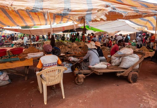 Mandoto, Madagascar - November 9. 2022 - Malagasy man buys dried fish at a street market. Fishing is one of the livelihoods in Madagascar.