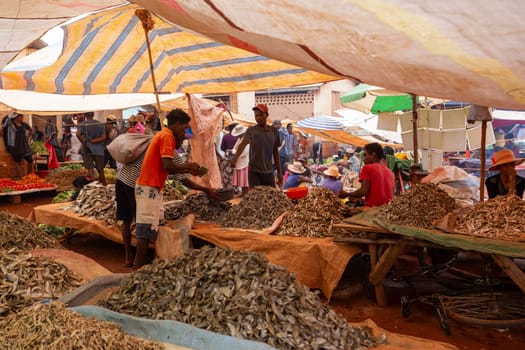 Mandoto, Madagascar - November 9. 2022 - Malagasy man buys dried fish at a street market. Fishing is one of the livelihoods in Madagascar.
