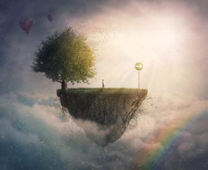 Fantasy journey on the floating island above the clouds. Wonderful adventure scene