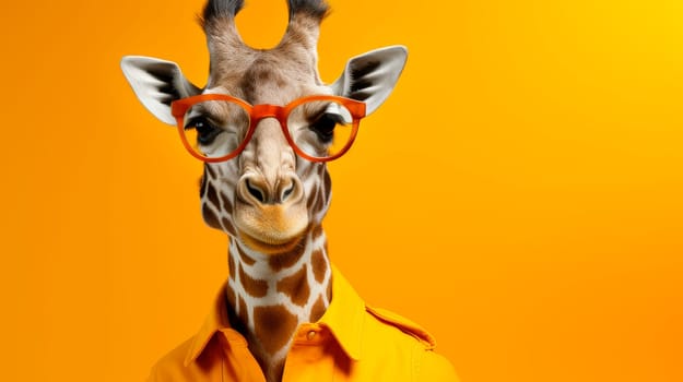 Trendy giraffe with a jacket and glasses on a yellow color background, copy space. AI generated