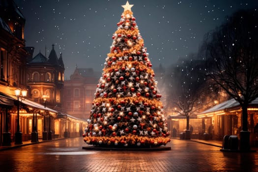 Beautiful large Christmas tree on the market square at evening. Christmas Tree Decorated and illuminated on the Christmas themed town. AI generated