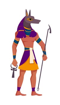 Anubis Egyptian god flat vector illustration. Ancient Egypt deity with jackal head and human body. Egyptian culture religious character in pharaoh clothes with ankh key isolated on white background.