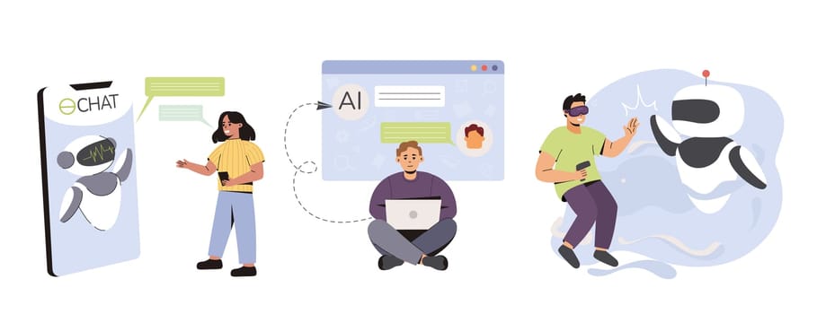Online communication with chat bot on electronic devices. Chatbot technology, virtual reality and artificial intelligence. Flat characters using ai technology for help, support and answer questions.