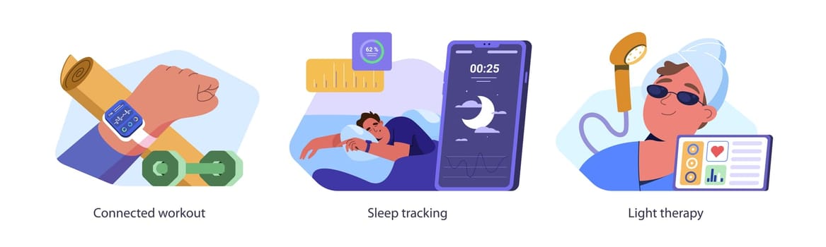 Vector set of sleep tracking, light therapy and connected workout. Digital tracker and diagnostic sleeping app for healthy control. Smart fitness with wearable device for health monitoring.