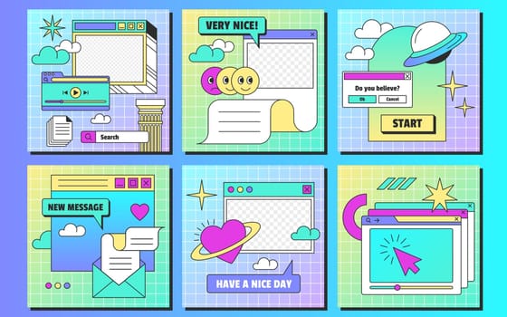 Retro linear vaporwave ig posts template in y2k style. Set of vintage browser computer windows with aesthetic user interface elements and stickers for social media. Flat vector illustration.