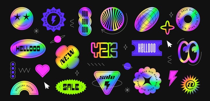 Vintage holographic gradient sale and discount y2k stickers, graphic elements. Set of abstract vector symbols, holography labels mockup isolated on black background. Shine badges different shapes.