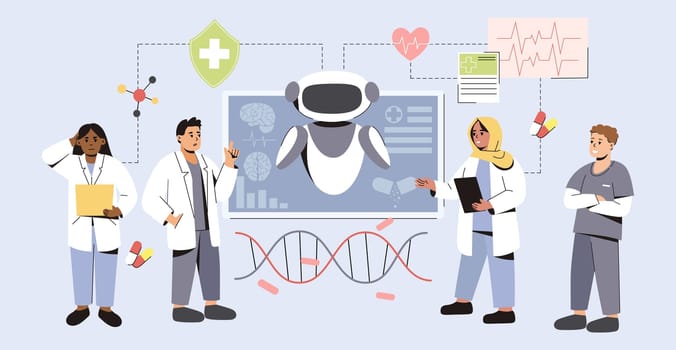 AI in medicine. Artificial Intelligence help in medical diagnosis and treatment of patients. Futuristic tech in medicine. Flat doctors using innovative technologies for research and disease analysis.