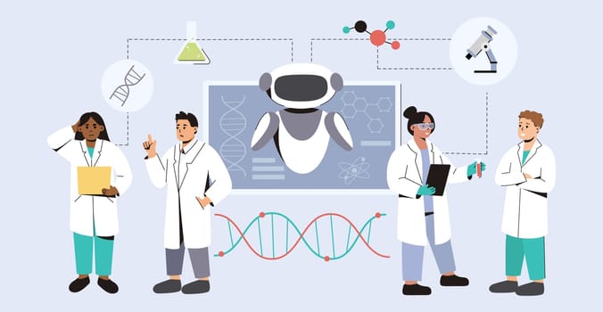 Flat team of scientists using AI in medicine. Artificial intelligence in medical science research. Futuristic tech in healthcare. Doctors using innovative technologies in lab for diagnosis, treatment.
