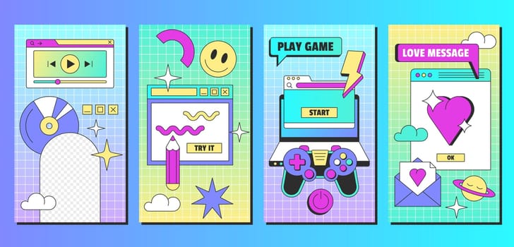 Retro linear vaporwave post template in y2k style. Set of vintage social media ig posts or stories with aesthetic user interface elements. Posters with old computer windows vector flat illustration.