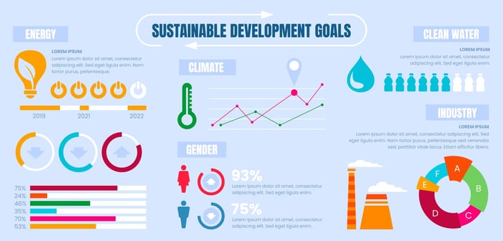 Sustainable development goals. Sdg infographic template with colorful infographics charts, data graphic and percentage. Flat marketing icons or business presentation elements on blue background