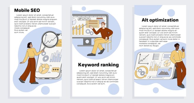 Mobile SEO, keyword ranking and alt optimization stories flat design. Set of banner templates with analytics of keys and growth charts. Internet marketing agency with magnifier and graphs on screen.