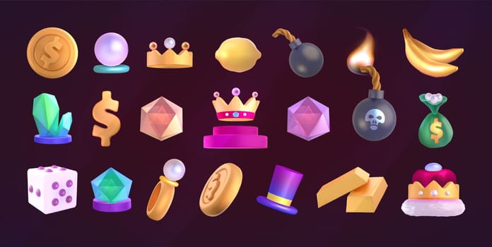 Casino icon collection. Cartoon set of slot game icons. Diamond, gemstones, dollars, fruits, dice and lucky symbols isolated on dark background. Gambling machine badge kit. Online vegas lottery asset.