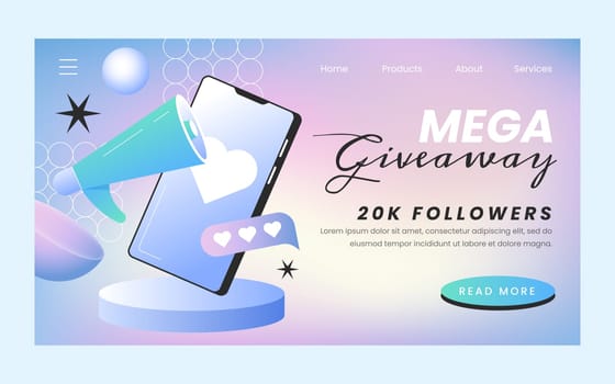 Giveaway landing page template design with megaphone and mobile phone. Attracting followers. Social media website for announcement, special event or internet advertising purple vector illustration.