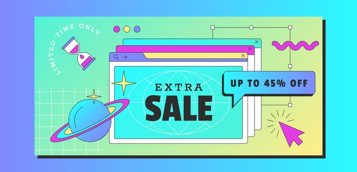 Retro vaporwave sale horizontal banner. Social media story design template with in 90s style. Computer windows with special offer. Vintage discount frame with abstract geometric linear.