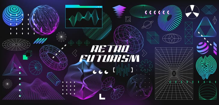 Retrofuturistic set of cyber shapes. Abstract 3d wireframe geometry objects from line grid. Geometric figures in vaporwave style. Design elements in perspective view. Vector outline illustration.