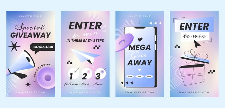 Giveaway posters or banners templates. Social media stories or post design collection. Contest winner announcement with gift box flat vector illustration. Prize win competition for follower.