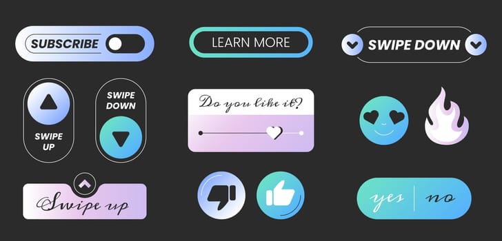 Social media reactions. Flat vector icons, web design elements on black background. Swipe up, swipe down, learn more, subscribe, stickers and button yes or no. Blogging and communication concept.