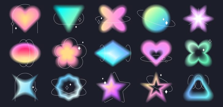 Y2k style blurred gradient shapes set. Blurry aura aesthetic elements collection of different geometric forms with lines isolated on black background. Vector design objects with defocus effect.