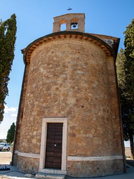 Pienza, Italy - September 12, 2022: Capella Di Vitaleta in countryside between San Quirico and Pienza in Val d Orcia Tuscany. Italy