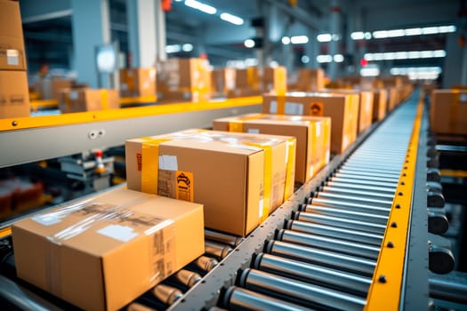 Packages on conveyor belt in industrial logistics center, automated mechanized logistics. Packaging service and parcels transportation system concept, cardboard boxes on conveyor belt in a warehouse. AI generated