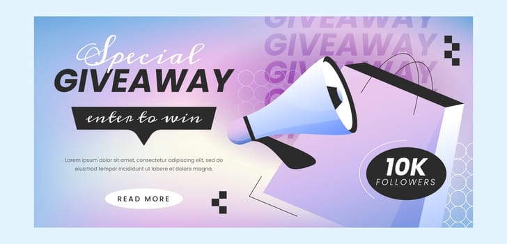 Giveaway 10k followers banner template with megaphone and prize. Social media trendy poster design for website announcement, special event or internet advertising vector illustration.