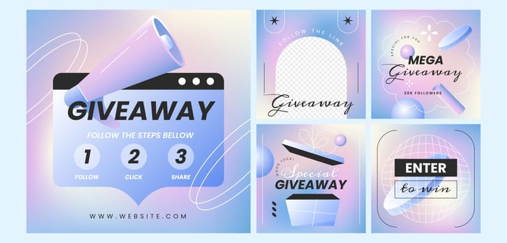 Giveaway trendy banners template. Social media poster design. Set of puzzle post and stories collection for networks or website vector illustration. Mockup for internet advertising with gift box.