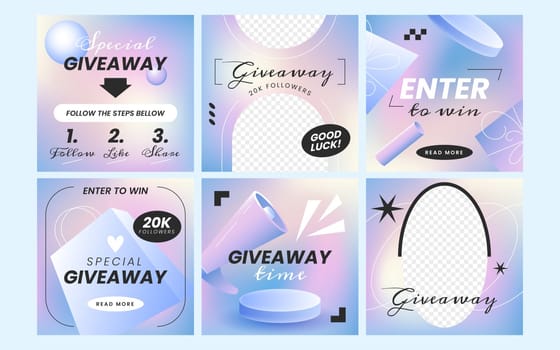 Giveaway trendy posters or banners template. Social media story design. Set of puzzle gift post collection for winner announcement vector illustration. Mockup cards for advertising with photo frames.