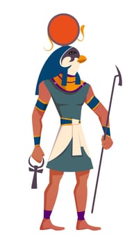 Ancient Egypt sun god Ra flat vector illustration. Deity at human figure with falcon head in solar disk and snake. Egyptian culture religious symbol isolated on white background.