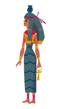 Ancient Egyptian goddess Nut. Deity of sky with water pot on head flat vector illustration. Mythological sacred character of heavens with ankh in hand isolated on white background.