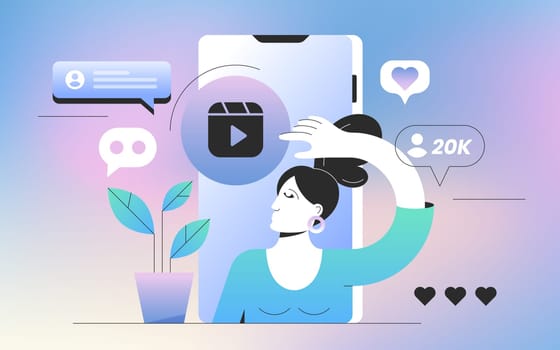 Flat young woman freelancer create visual content for social media. Stories and reels creation. Girl influencer or blogger created video and publication in blog hand drawn vector illustration.