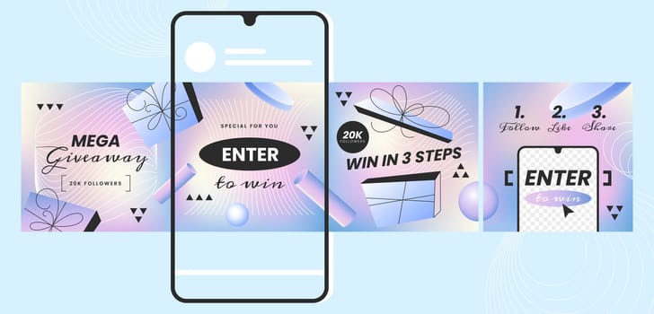 Instagram post carousel templates banner. Internet application on the screen of smartphone device. Design background for social media. Vector purple mockup template with text and places for photo.